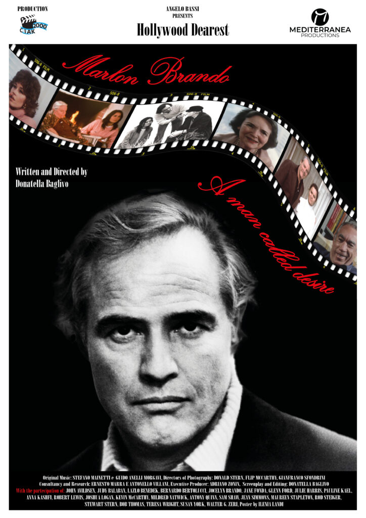 Locandina del film documentario su Marlon Brando diretto da Donatella Baglivo, con ritratto dell'attore e pellicola cinematografica con scene dei suoi film